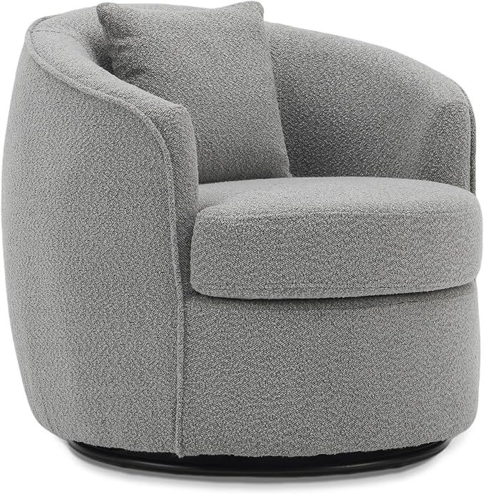 Swivel Accent Chair, Modern Upholstered Boucle Barrel Arm Chairs with Pillow for Living Room, 360 Degree Round Swivel Sherpa Armchair with Round Base for Bedroom Club (1, Grey)