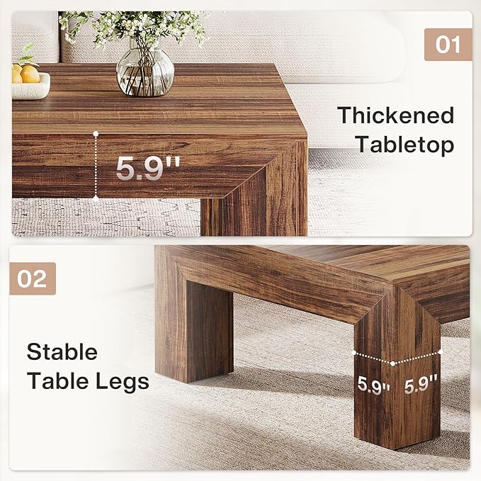 Tribesigns Farmhouse Square Coffee Table for Living Room, 39.37-Inch Low Large Center Tea Accent Table with Sturdy Legs, Easy Assembly (Dark Brown)