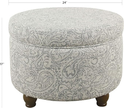 HomePop Home Decor | Upholstered Round Storage Ottoman | Ottoman with Storage for Living Room & Bedroom, Light Gray Floral Large