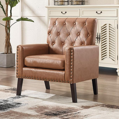 Mid Century Modern Accent Chair, Light Brown Faux Leather Office Chair for Reception - Brown Leather Club Chair for Living Room, Bedroom, or Waiting Room