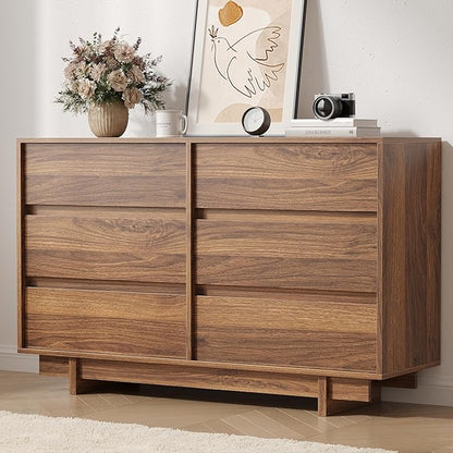 Walnut Dresser for Bedroom, 47" Wide 6 Drawer Dresser, Mid Century Modern Dressers Chest of Drawers, Wooden Large Dressers for Bedroom, Closet