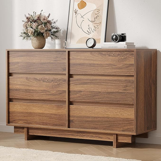 Walnut Dresser for Bedroom, 47" Wide 6 Drawer Dresser, Mid Century Modern Dressers Chest of Drawers, Wooden Large Dressers for Bedroom, Closet