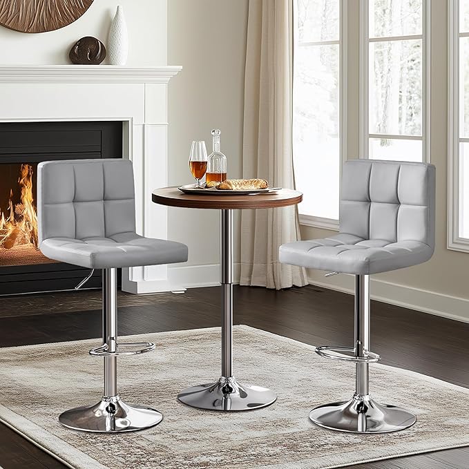 Yaheetech Bar Stools Set of 4, PU Leather Adjustable Barstools, Modern Counter Stools with Back and Footrest, Counter Height Barstools for Bar, Kitchen, Dining Room, Light Gray