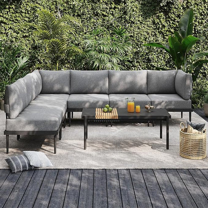 Sundale Outdoor 7 Pieces Metal Patio Furniture Set, Outdoor Sectional Sofa with 6 Inch Olefin Cushion, Modern Outdoor Conversation Sets (6 Seats, Grey Frame)