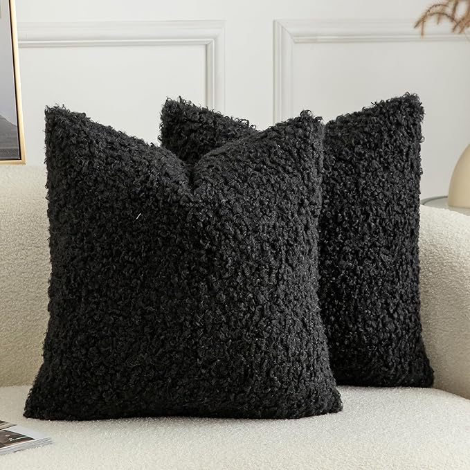 Pack of 2 Curly Teddy Wool Faux Fur Throw Pillow Covers Fuzzy Accent Soft Sherpa Pillowcases Sheepskin Fleece Decorative Cushion Case for Sofa Couch Living Room 22x22 Inch Black