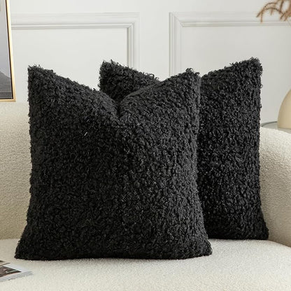 Pack of 2 Curly Teddy Wool Faux Fur Throw Pillow Covers Fuzzy Accent Soft Sherpa Pillowcases Sheepskin Fleece Decorative Cushion Case for Sofa Couch Living Room 26x26 Inch Black