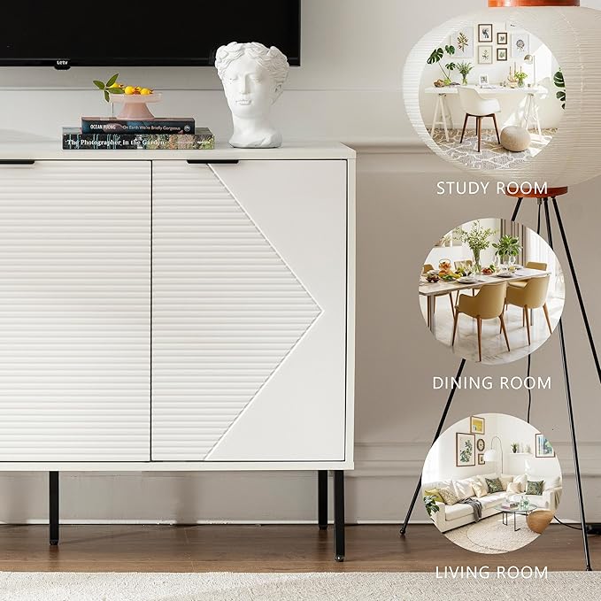 Kitchen Buffet Storage Cabinet, Modern 3 Door Coffee Bar with Shelves, Wooden Fluted Entryway Cabinet for Dinning Room, Living Room (1, Embossed White)
