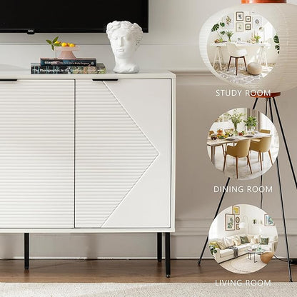 Kitchen Buffet Storage Cabinet, Modern 3 Door Coffee Bar with Shelves, Wooden Fluted Entryway Cabinet for Dinning Room, Living Room (1, Embossed White)