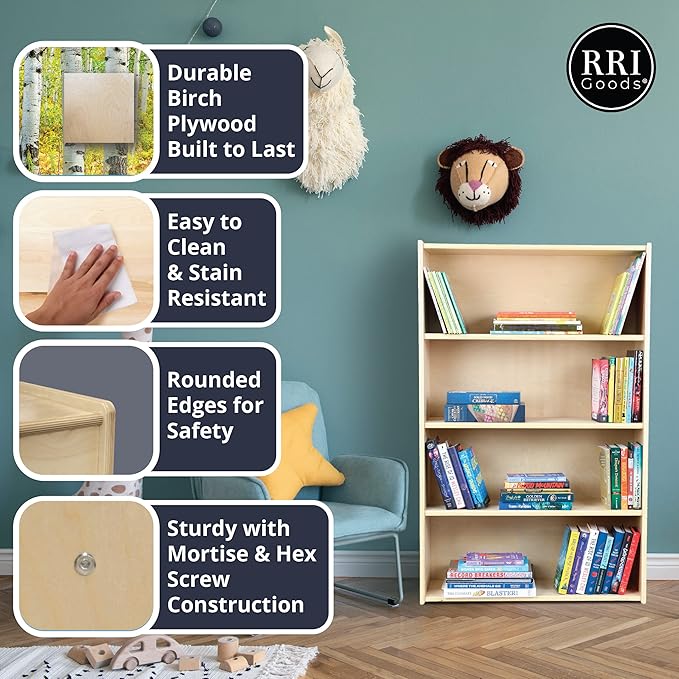3-Shelf Bookcase, Montessori Bookshelf and Storage Unit in Birch Plywood, Arts & Crafts Supplies Organizer for Toddlers (42")