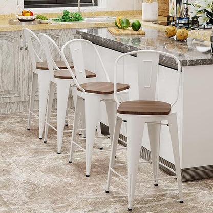 Aklaus Swivel Metal Bar Stools Set of 4 Counter Height Stools Counter Bar Stools with Back Swivel Metal Bar Chairs Wooded Seat 30 Inch White Cream barstools