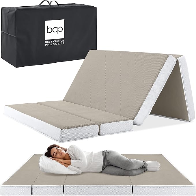 Best Choice Products 4in Portable Queen-Size Mattress, Tri-Fold Mattress for Camping, Guest, Toddler, Foam Plush w/Carry Case - Taupe