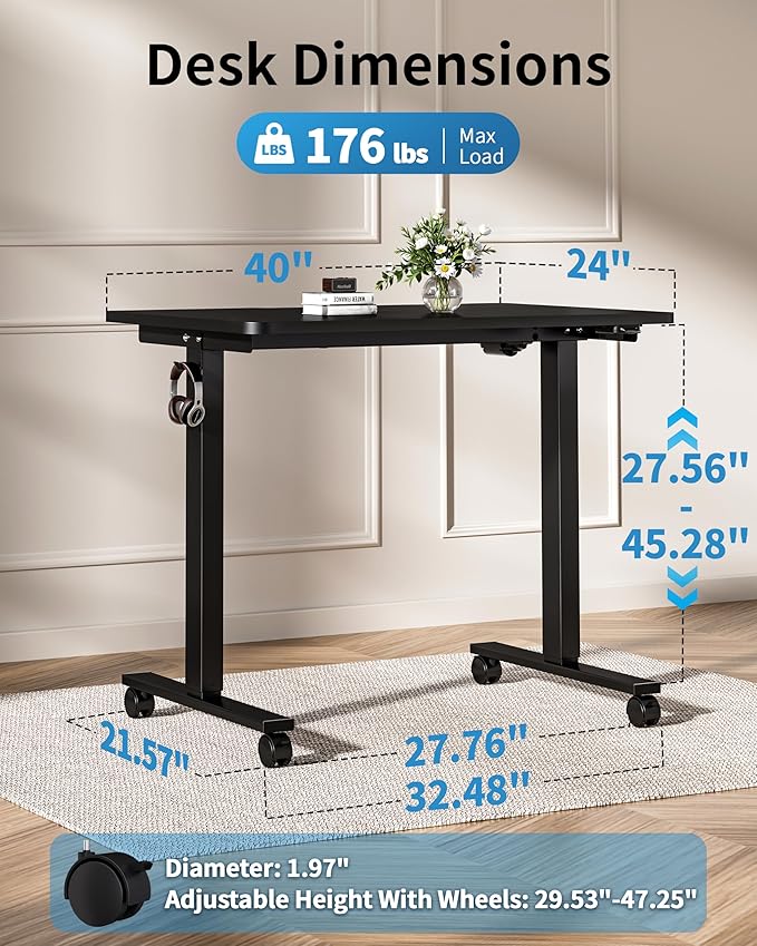 Okin Small Electric Standing Desk, 40 x 24 Inches Whole Piece Height Adjustable Desk, Black Sit to Stand Desks Computer Workstation with Wheels for Home Office