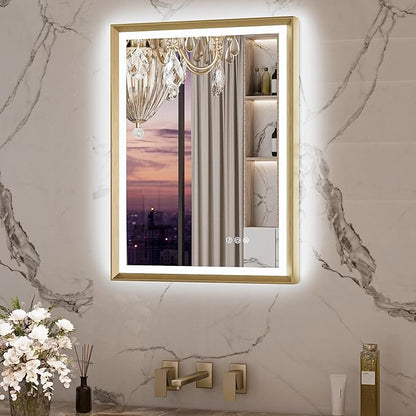 Keonjinn Gold LED Bathroom Mirror 20 x 28 Inch with Frontlit & Backlit, Lighted Mirrors Metal Framed for Wall, Stepless 3 Colors Lights, Anti Fog, Tempered Glass, Brighter and No Dark Corner