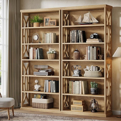 Tribesigns 6-Tier Bookshelf, 71 Inches Tall Freestanding Bookcase, Large Industrial Bookshelves Display Shelves, Wooden Book Shelf for Home Office, Living Room, Bed Room, Natural, 2pcs