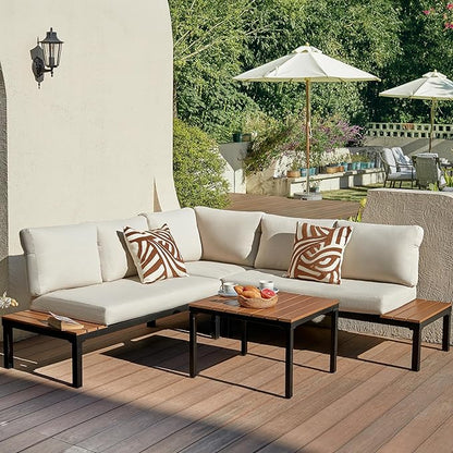 NATURAL EXPRESSIONS Patio Furniture Sets, Metal Outdoor Sectional L Shape Corner Sofa Outdoor Couch with Detachable Backrest,3 Fauxwood Tables,Black Frame,Beige Olefin Cushions for Yard,Garden