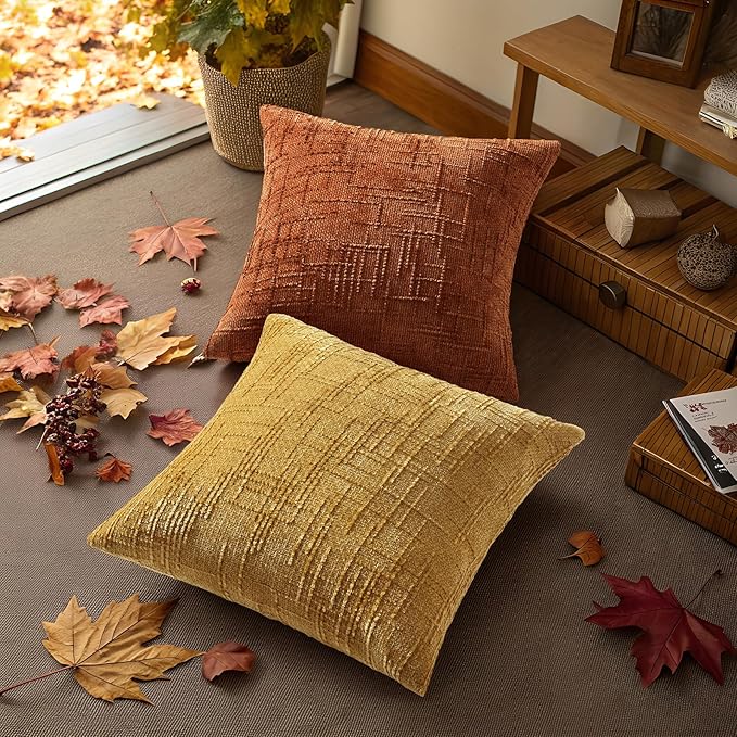 decorUhome Fall Rust Chenille Throw Pillow Covers 16x16 Set of 2 Thick Textured Slubby Couch Pillow Covers Farmhouse Accent Modern Neutral Decorative Pillow Cases for Bed Sofa Living Room