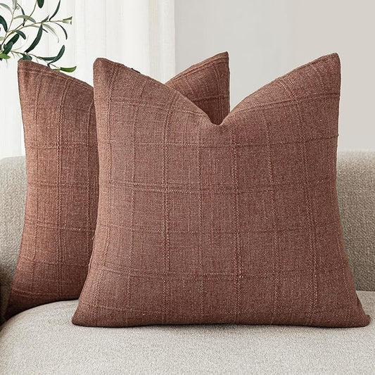 Foindtower Set of 2 Decorative Linen Check Throw Pillow Covers Neutral Farmhouse Vintage Cushion Covers Modern Boho Home Decor for Sofa Chair Couch Bedroom Living Room,16×16 Inch,Autumnal Red