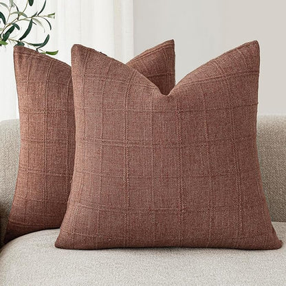 Foindtower Set of 2 Decorative Linen Check Throw Pillow Covers Neutral Farmhouse Vintage Cushion Covers Modern Boho Home Decor for Sofa Chair Couch Bedroom Living Room,20×20 Inch,Autumnal Red