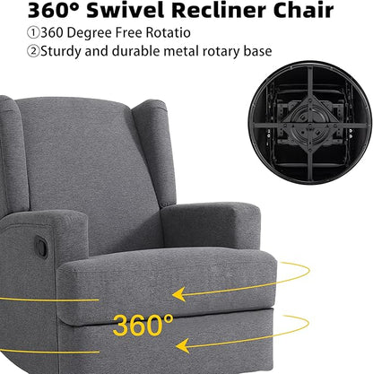 Swivel Glider Recliner Chair for Adults with Deep Seat - High Back Rocker Reclining Accent Chair, Manual Recliner for Living Room & Nursery, Comfortable Upholstered Fabric Armchair-Gray