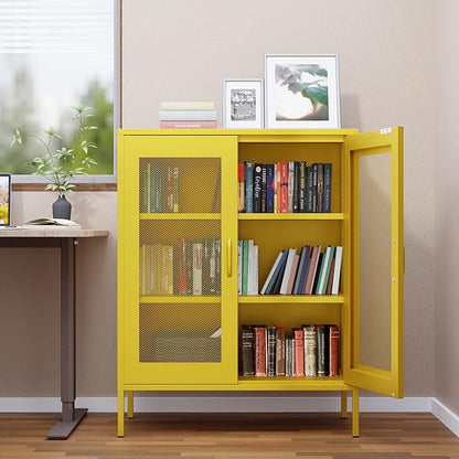 Metal Storage Cabinet with Mesh Doors,Steel Display Cabinet with Adjustable Shelves,Metal Office Storage Locker for Home Office,Garage(Yellow, 40''H)
