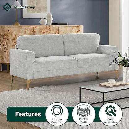 Studio Living® Matthew 75.6" Sofa, Mid-Century Modern, Pocket Coil Comfort, Metal Brushed Bronze Legs, Chenille Fabric, Ivory