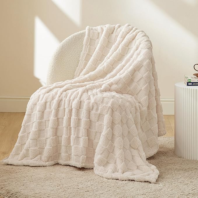 Bedsure GentleSoft Light Beige Throw Blanket for Couch - Checkered Fleece Blankets Gifts for Women Men Girls, Cute Soft Cozy Throw for Bedroom Home Decor Gifts, 50x60 Inches