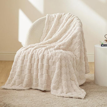 Bedsure GentleSoft Light Beige Throw Blanket for Couch - Checkered Fleece Blankets Gifts for Women Men Girls, Cute Soft Cozy Throw for Bedroom Home Decor Gifts, 50x60 Inches