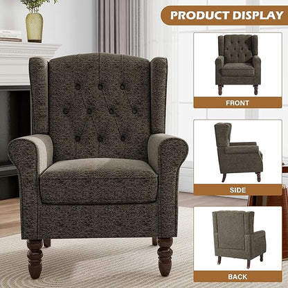 Pia Ricco High Back Floral Accent Chair - Retro Wingback Upholstered Armchair with Nailhead Trim, Solid Wood Legs, Fabric Living Room Bedroom Reading Chair (Taupe)