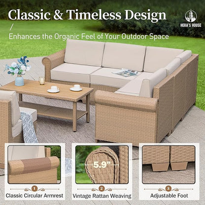 HERA'S HOUSE Patio Furniture Set, All Weather 7 Seats Outdoor Sectional Wicker Sofa with 44" Coffee Table, 5.5" Thick Waterproof Cushion 8 Piece Modular Conversation Sofa Set for Garden Deck Backyard