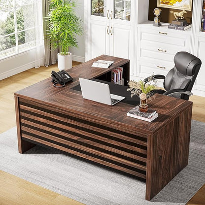 Tribesigns 62.2" Executive Desk with Mobile File Cabinet, L-Shaped Office Desk with Storage Shelves, Large Computer Table Business Workstation Set for Home Office, Dark Brown
