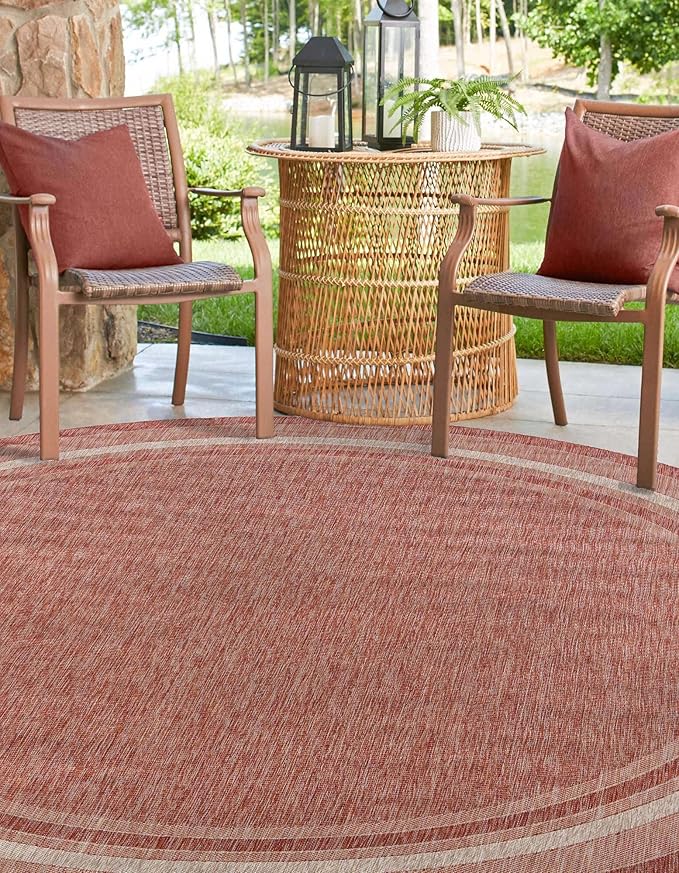Unique Loom Outdoor Border Collection Area Rug - Soft Border (7' 10" Round Rust Red/Ivory)
