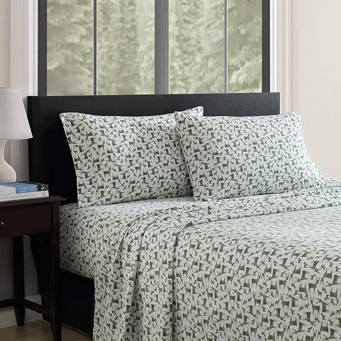 Eddie Bauer - Flannel Sheets Queen Size, Anti-Pilling & Wrinkle Resistant Cotton, Touchably Soft for All-Season Comfort - Bed Sheets with Matching Pillowcases & Fitted Sheet (Deer Camp Green)
