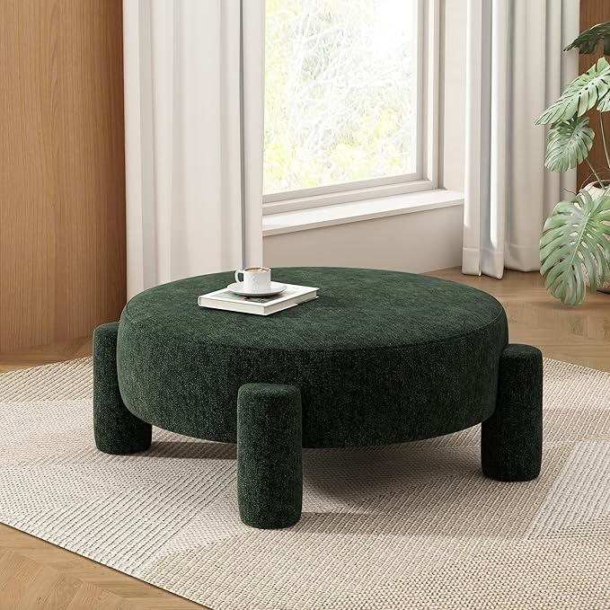 Christopher Knight Home Chobi Round Fully Ottoman Foot Stool, Velvet Pouf Footstool Ottoman Seat, Upholstered Foot Chair, Round Footrest, Modern Side Table for Living Room Bedroom Home Decor, Green