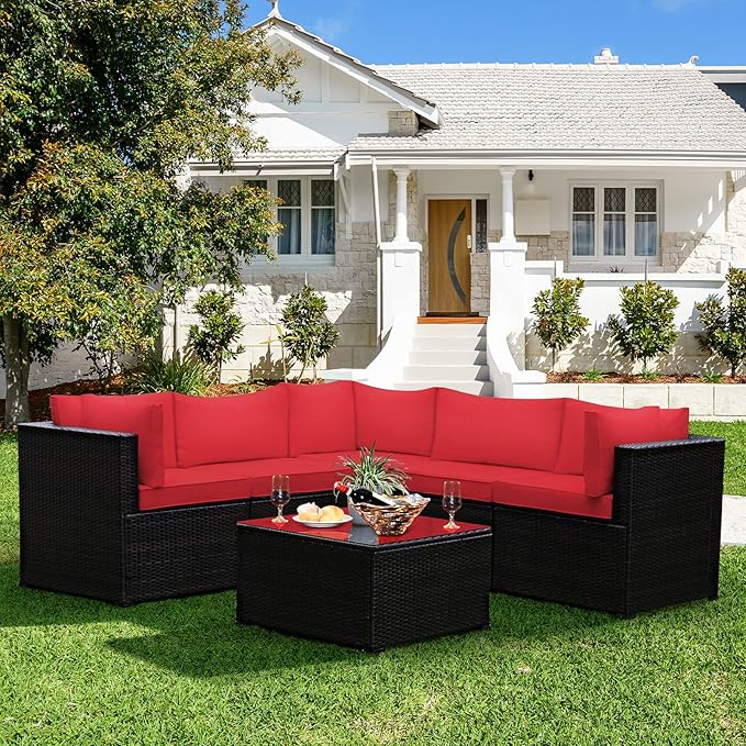 Tangkula 6 Pieces Patio Furniture Set, Outdoor Rattan Sofa Set, Wicker Conversation Set w/Tempered Glass Coffee Table & Cushions, Sectional Sofa Set for Backyard, Garden, Balcony, Poolside (Red)