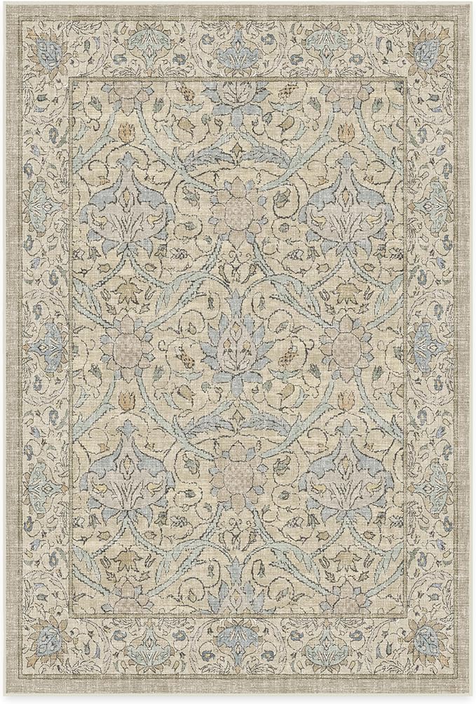 RUGGABLE x Morris & Co Washable Area Rug – Montreal Natural Blue 6x9, Stain-Resistant, Non-Slip – Medium Machine Washable Rugs for Living Room, Bedroom, Hallway, Entryway & Office–with Standard Pad