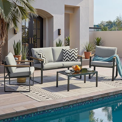 NATURAL EXPRESSIONS 4 Pieces Patio Furniture Sets,Outdoor Metal Sectional Furniture Modern Patio Conversation Set,Fauxwood Anti-Scald Armrest,Sling Mesh,Tempered-Glass Table,4" Olefin Cushions