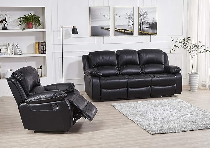 Betsy Furniture Black Bonded Leather Recliner Set, Sofa, Loveseat, Chair 8018