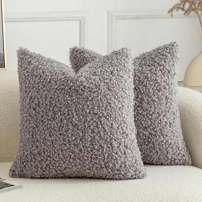Pack of 2 Curly Teddy Wool Faux Fur Throw Pillow Covers Fuzzy Accent Soft Sherpa Pillowcases Sheepskin Fleece Decorative Cushion Case for Sofa Couch Living Room 26x26 Inch Light Grey