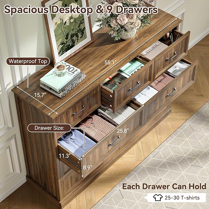 Farmhouse Dresser and Nightstand Sets, 4Pcs Bedroom Furniture Set, Nightstand Set of 2 & 55" Wide 9 Drawer and 44" Tall 5 Drawer Dresser with Large Drawers & Bar Handles, Brown