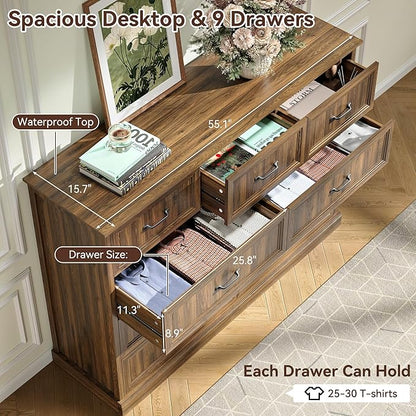 Farmhouse Dresser and Nightstand Sets, 4Pcs Bedroom Furniture Set, Nightstand Set of 2 & 55" Wide 9 Drawer and 44" Tall 5 Drawer Dresser with Large Drawers & Bar Handles, Brown