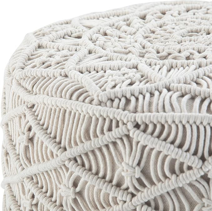 SIMPLIHOME Coates Boho Round Macrame Pouf in Natural Cotton for the Living Room, Bedroom and Kids Room