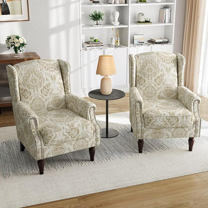 Pia Ricco Set of 2 Floral Accent Chairs, High Back Upholstered Armchairs with Retro Wingback Design, Nailhead Trim & Solid Wood Legs for Living Room Bedroom(Flower White)