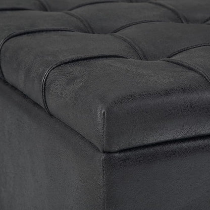SIMPLIHOME Harrison Coffee Table Storage Ottoman - 36 inch Wide Upholstered Vegan Leather Square Lift-Top Ottoman in Distressed Black, Transitional Ottoman for Living Room with Hidden Storage