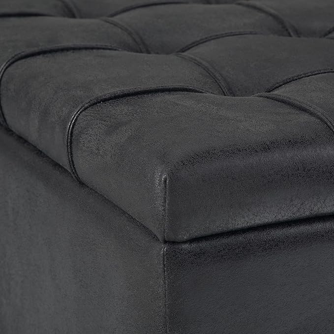 SIMPLIHOME Harrison Coffee Table Storage Ottoman - 36 inch Wide Upholstered Vegan Leather Square Ottoman in Distressed Graphite Black, Transitional Ottoman for Living Room with Split Lift-Up Lid