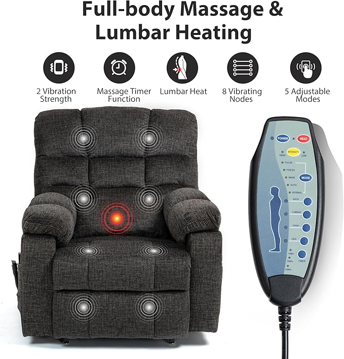 Oversized Zero Gravity Power Lift Recliner Chair for Elderly Adults Big Man Electric Lay Flat Recliner Triple Motor with Heat and Massage, Adjustable Seat Height, Arm Storage, Cup Holder