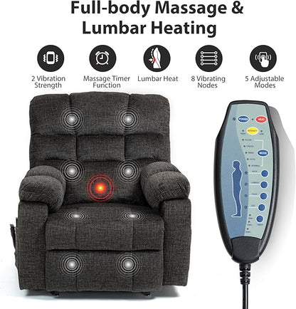 Oversized Zero Gravity Power Lift Recliner Chair for Elderly Adults Big Man Electric Lay Flat Recliner Triple Motor with Heat and Massage, Adjustable Seat Height, Arm Storage, Cup Holder