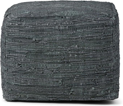 SIMPLIHOME Fredrik Boho Square Pouf in Grey Woven Genuine Leather for the Living Room, Bedroom and Kids Room