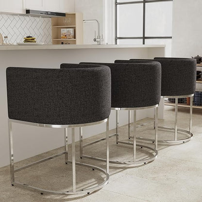 Contemporary Charcoal Linen Bar Stools Set of 3, 24" Upholstered Fabric Counter Height Barstools Kitchen Counter Island Stools with Screwed Together Chrome Finish Base