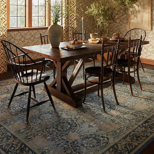 RUGGABLE x Morris & Co Machine Washable Area Rug – Honeysuckle & Tulip Blue 9x12, Stain-Resistant, Non-Slip – Large Rugs for Living Room, Bedroom, Hallway, Entryway & Office–with Cushioned Pad