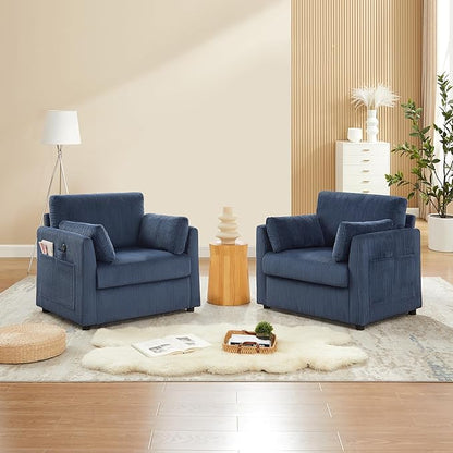 Modern Corduroy Accent Chairs, 38" W Comfy Armchair with Soft Pillows and Side Pockets, Single Reading Chairs for Living Room, Bedroom, Apartment, Navy Blue